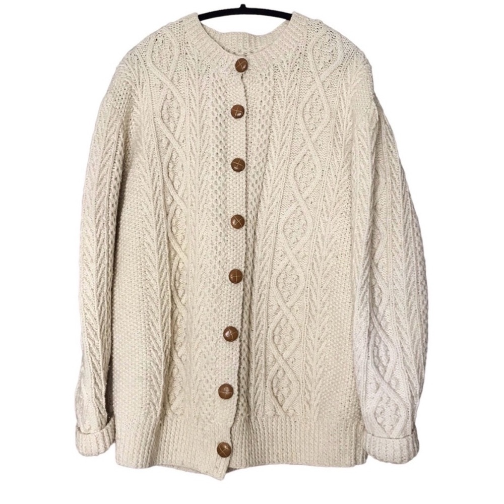 Large Cream Cable Knit Button Front Fisherman Cardigan Sweater Chunky